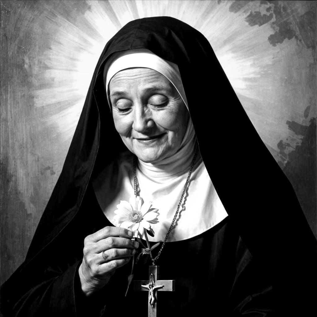 Spiritual Nun Contemplating with Flower in Rembrandt Style