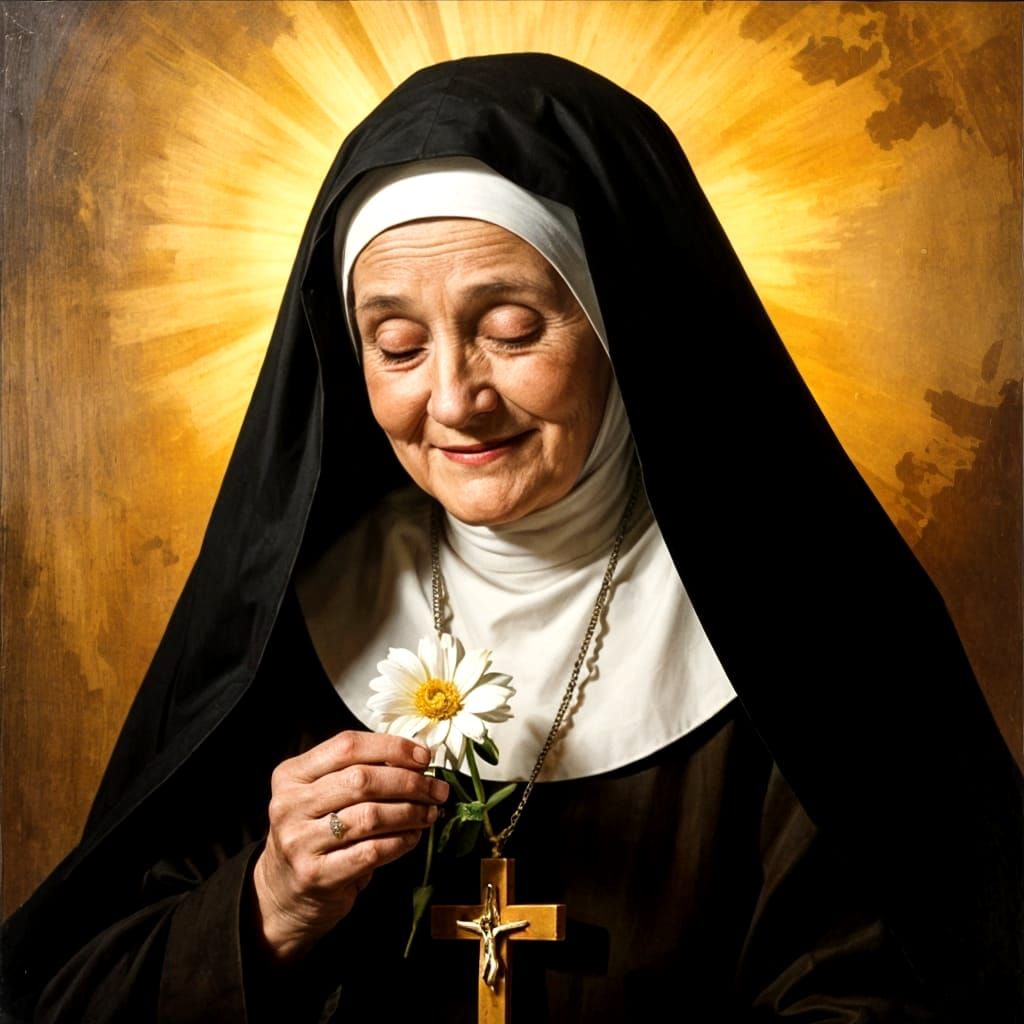 Contemplative Nun with Flower in Rembrandt Lighting