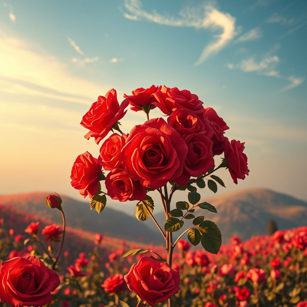 Red Roses Island in Golden Light: Photorealistic Art