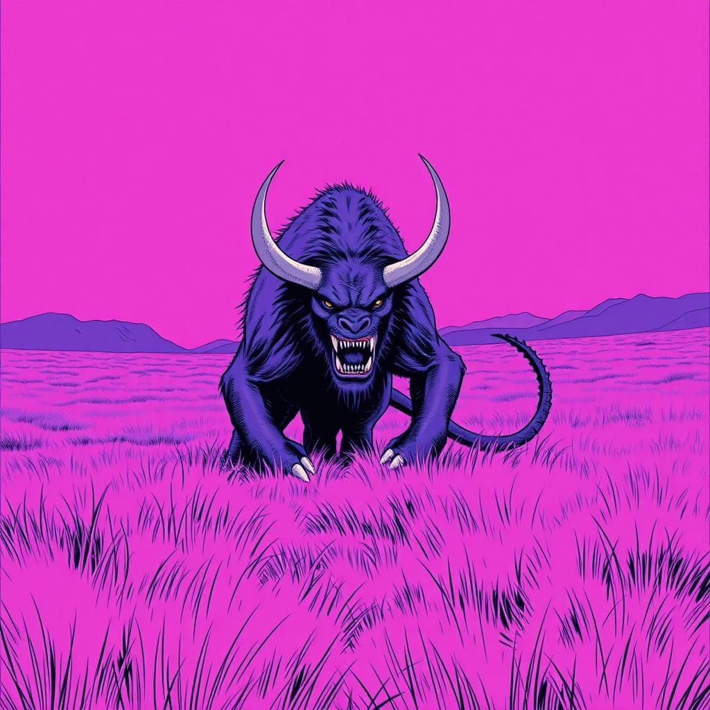 Fearsome Beast in Ultraviolet Grasslands, Minimalist Illustr...