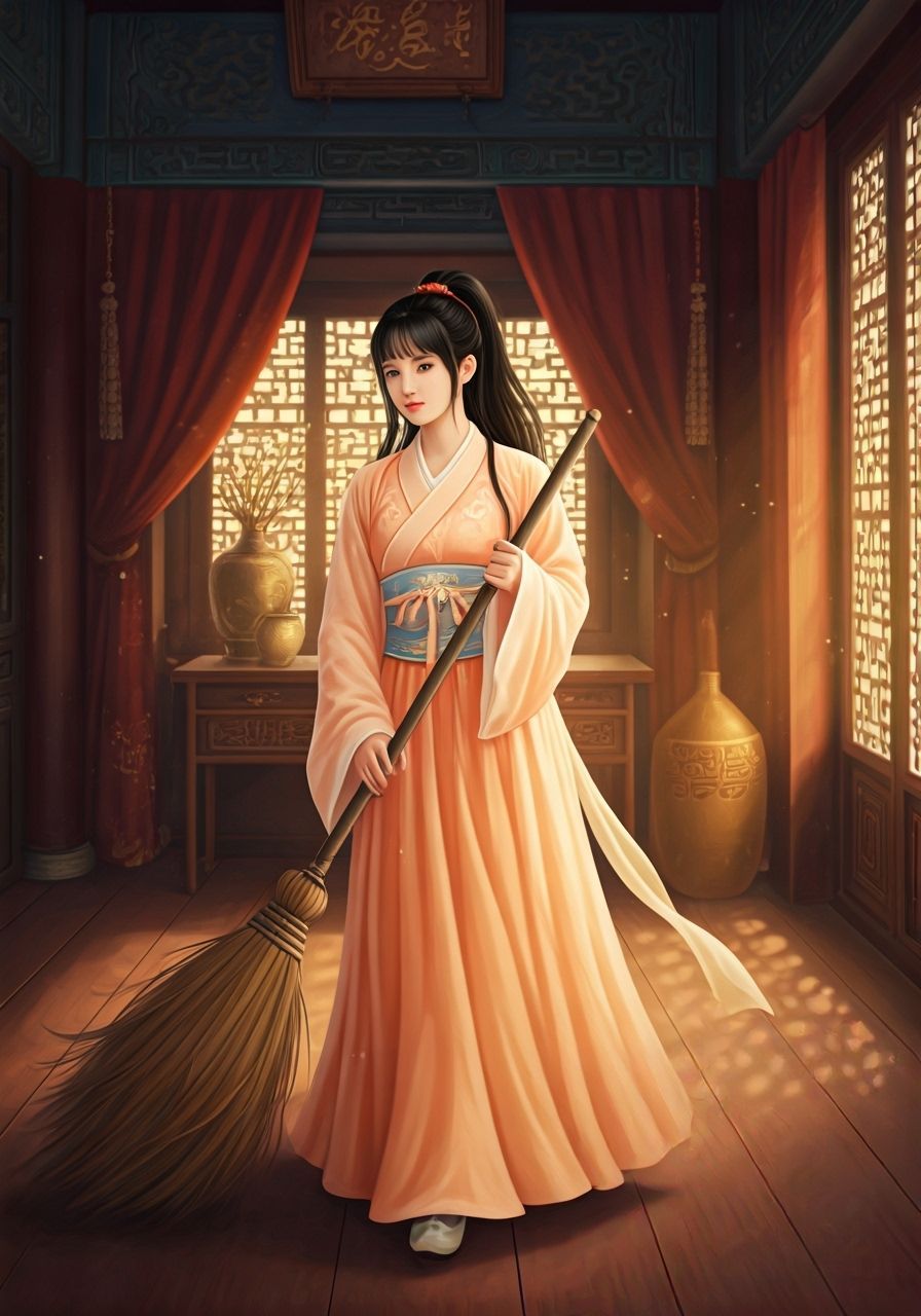 Chinese Princess Sweeping Palace Floor in Ethereal Style