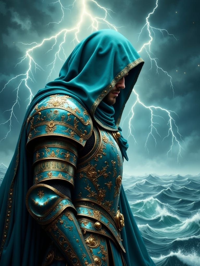 Knight in Aquamarine Hood Under Lightning Storm