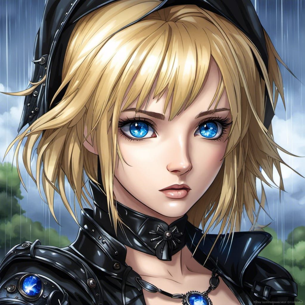 Gothic Anime Woman with Blonde Hair in Rain