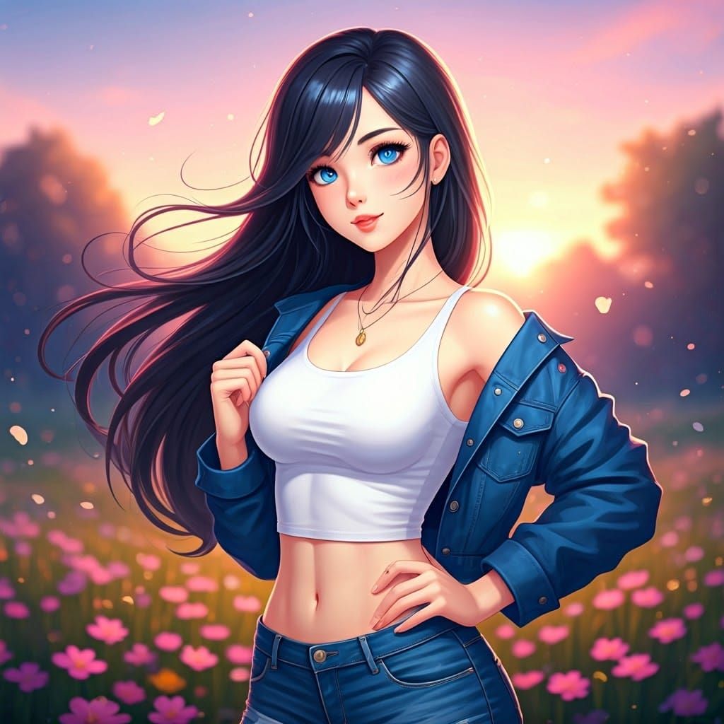 Semi-Realistic Anime-Inspired Goddess in Pastel Meadow