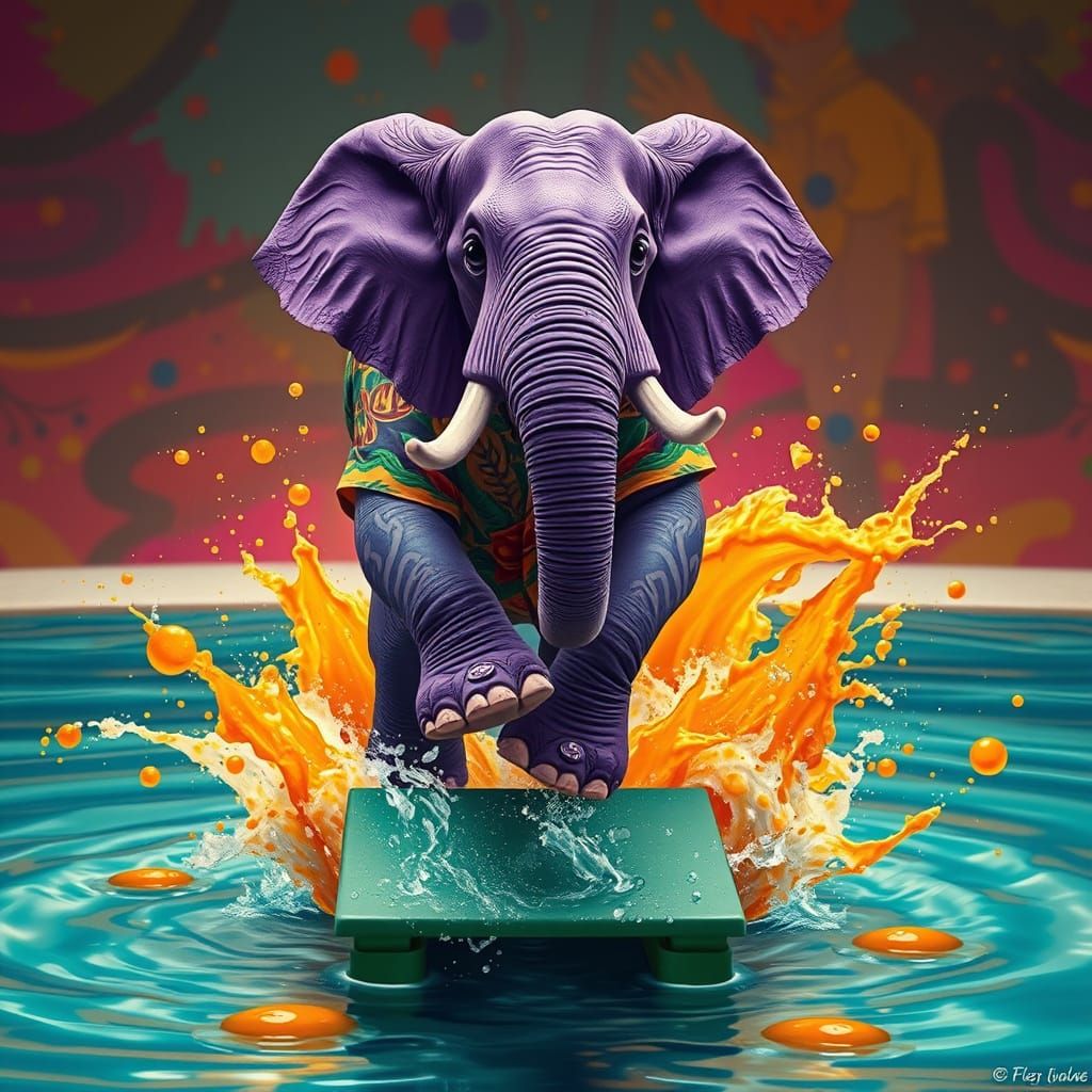 Hyperrealistic Elephant Leaps from Springboard in a Vibrant ...