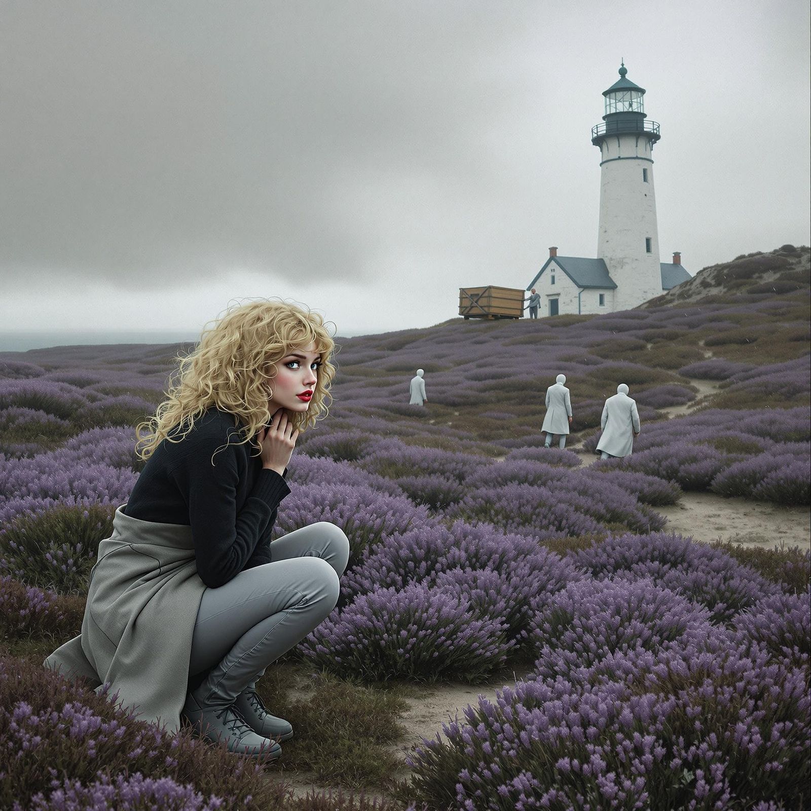 Ethereal Woman in Heather Field: Art Nouveau Style