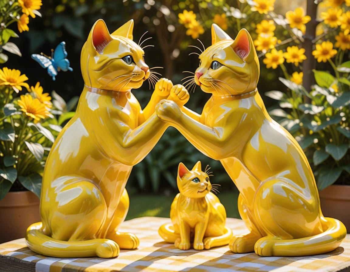 Gingham colored cats statues that look like they are playing...