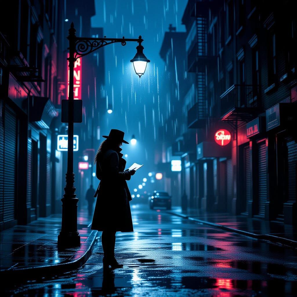 Film Noir Detective in Rain-Slicked City Street