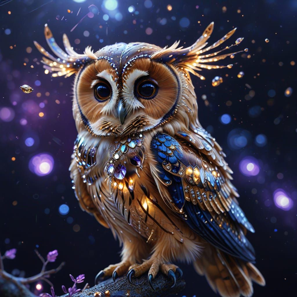 Jeweled Owl Soaring in Moonlit Sky: Digital Art