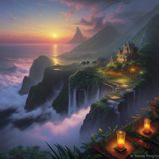 Ethereal Jungle Overlooking Ocean at Dawn