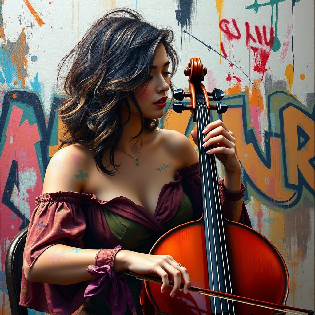 Woman Playing Cello by the Open Fireplace in Realistic, Expr...