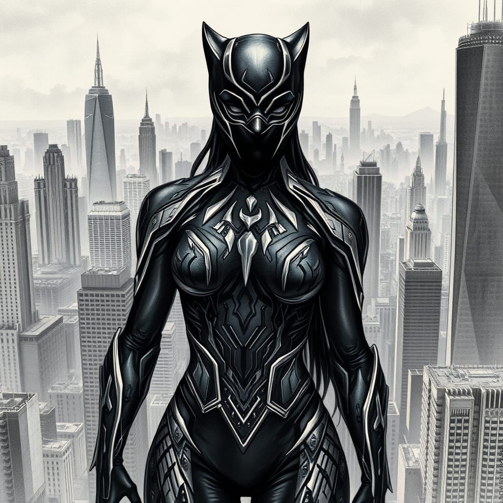 Futuristic Female Black Panther in Cyberpunk Cityscape