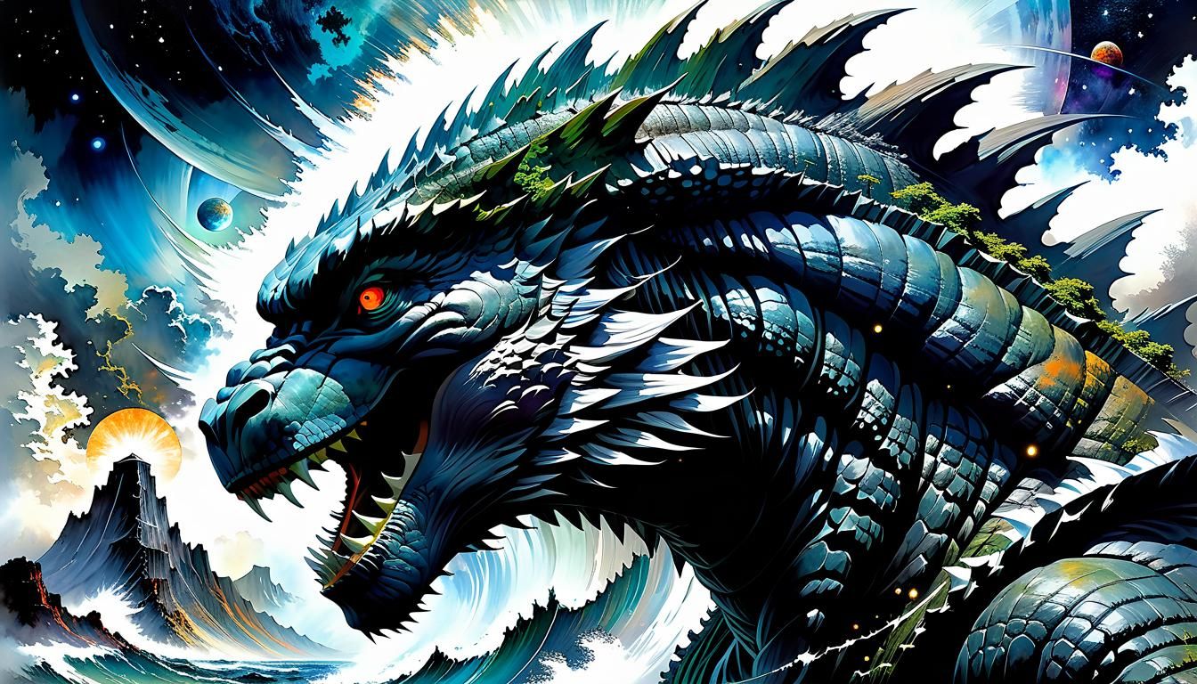 Godzilla Head in Double Exposure Watercolor Style