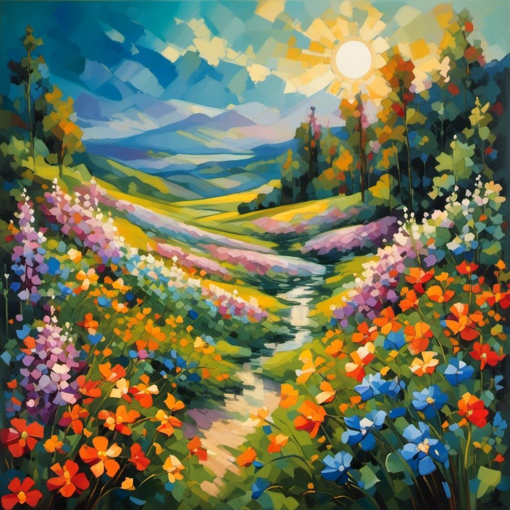 Cubist Flowers in Sunlight: Abstract Landscape