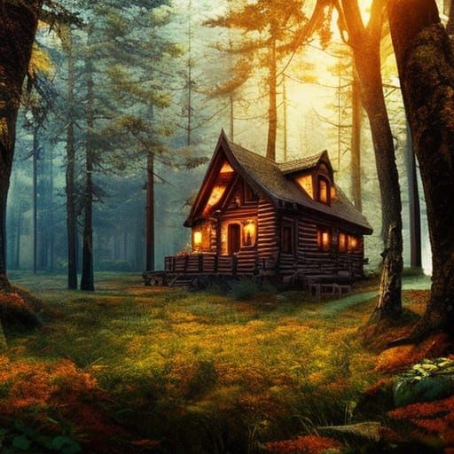 Cabin in Autumn Forest: Digital Matte Painting