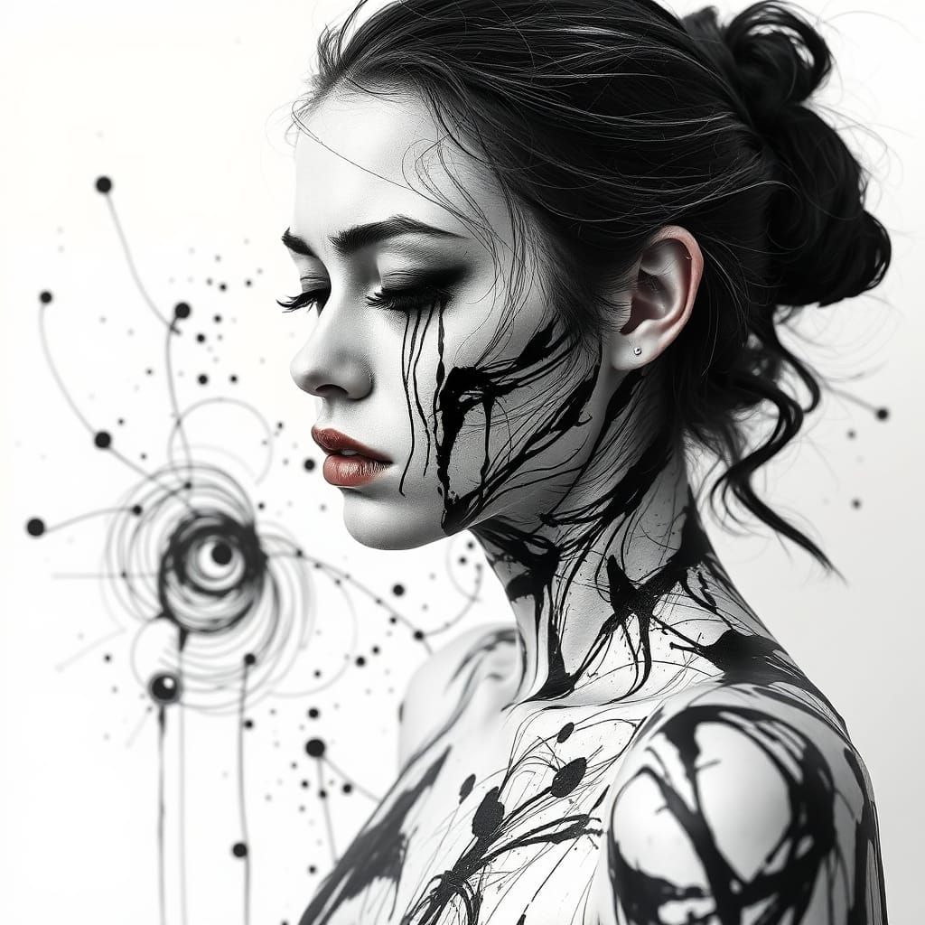 Crying Woman in Abstract Sketch Art