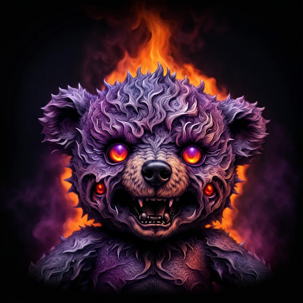 Fiery Demonic Teddy Bear in Hyperrealistic Style