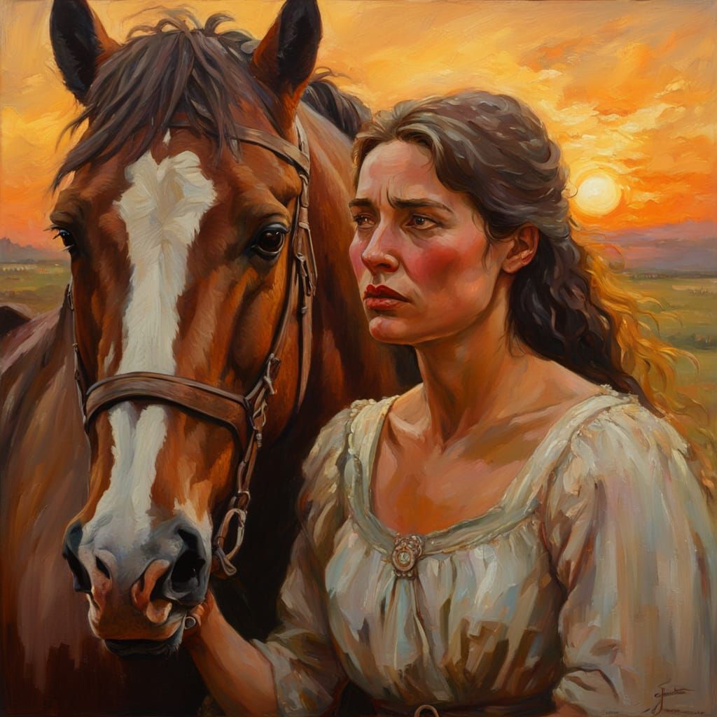 Woman Cries Beside Horse in Impressionist Oil Painting