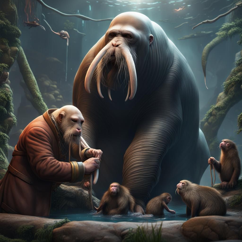 Fantastical Walrus Milking Monkey: Detailed Matte Painting