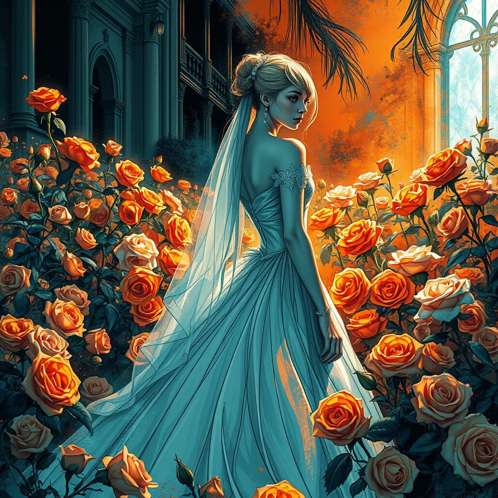 Ethereal Black and White Wedding Scene in Whimsical Art Styl...