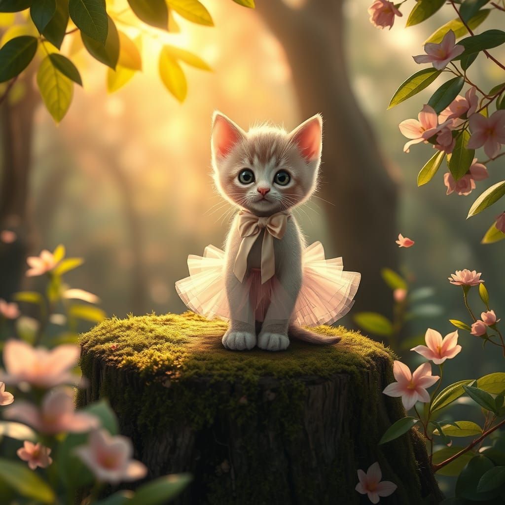 Kitten in Pastel Ballerina Tutu Amidst Vibrant Forest