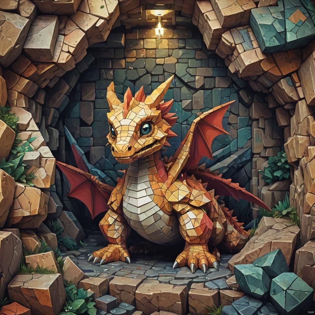 Dragon Hatching in Cave, Pixel Art Cubism