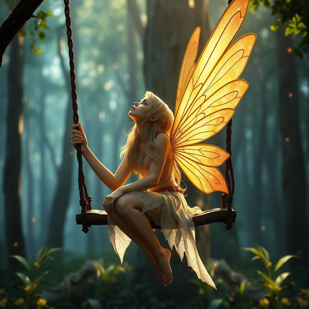 Whimsical Forest Goddess Soars on a Golden Swing