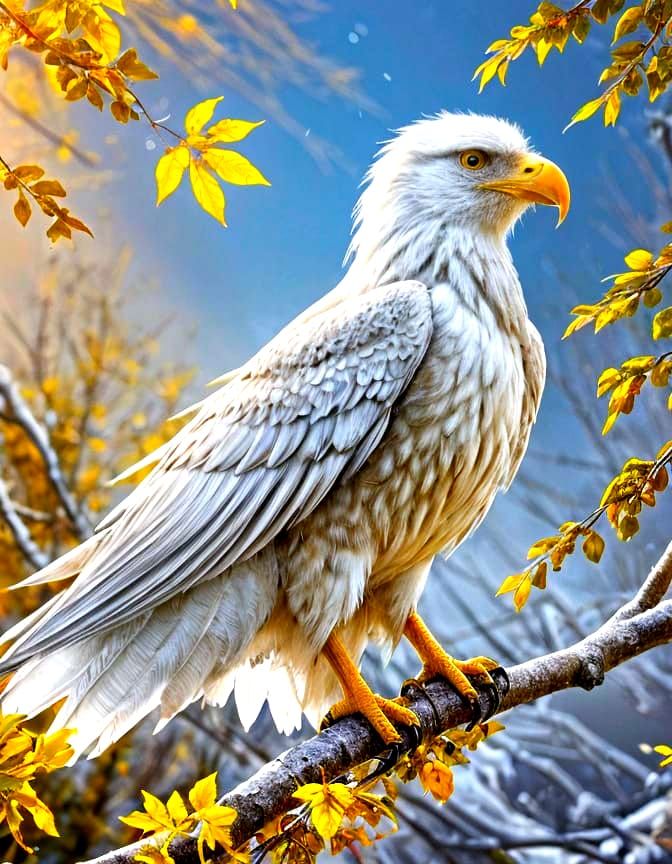 Crystal Ice Eagle Perched on Autumn Branch