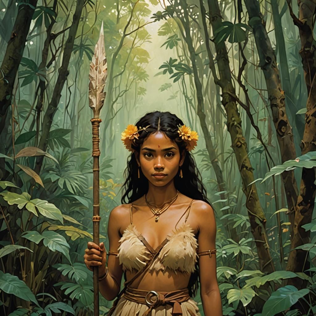 Prehistoric Girl in Flowered Jungle, Art Illustration
