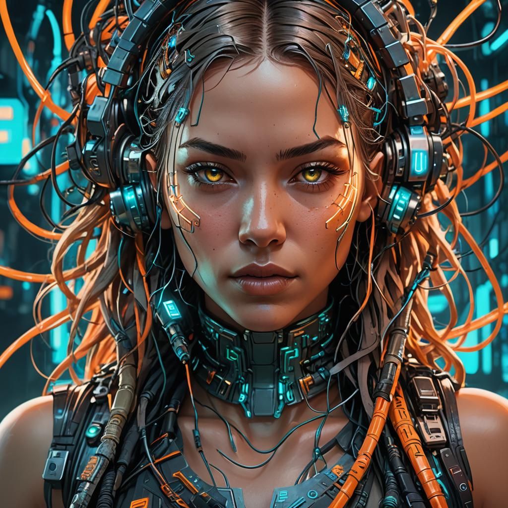 Cyberpunk Girl Portrait with Cables and Neon Lighting