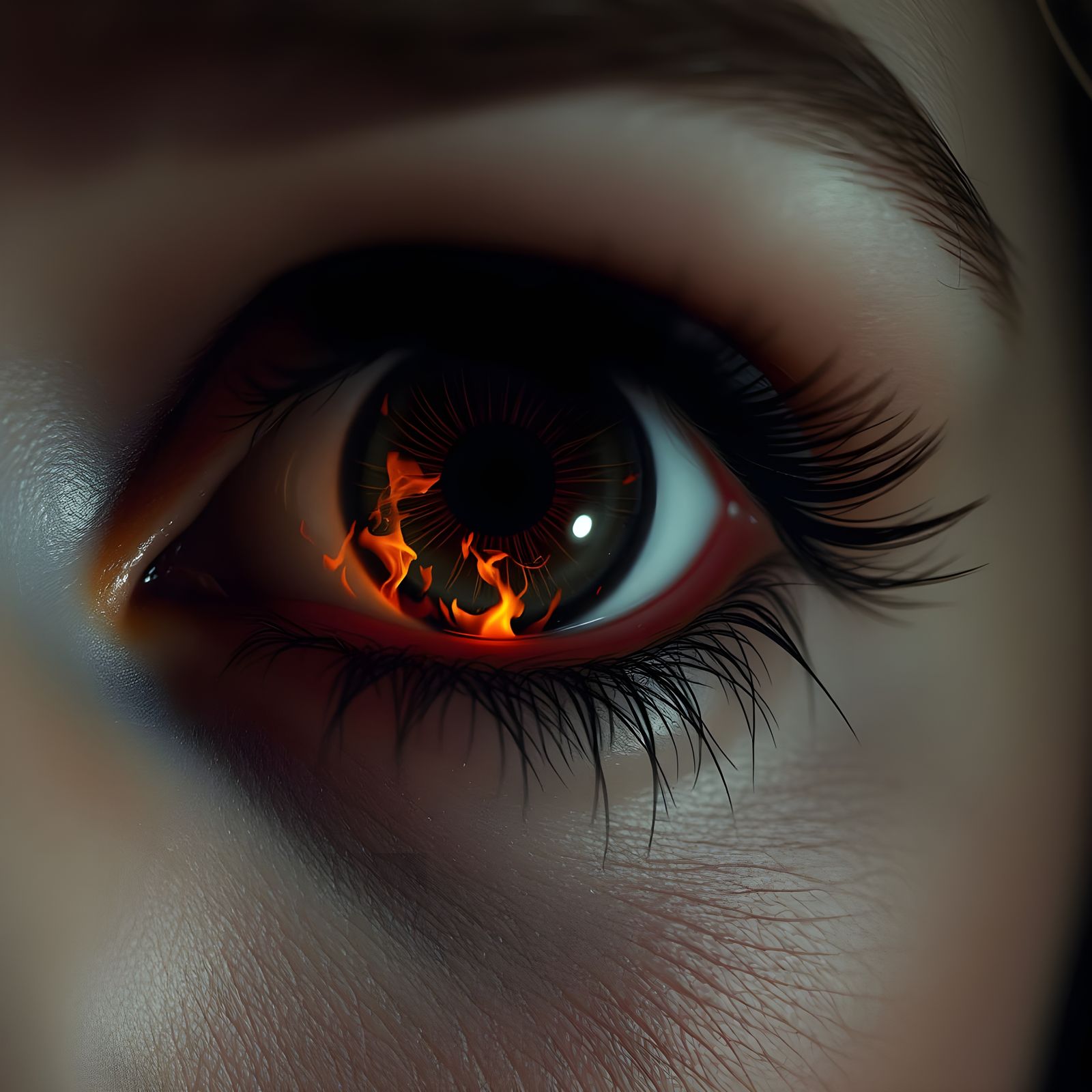 Close-Up Portrait of a Woman with a Glimpse of Flames