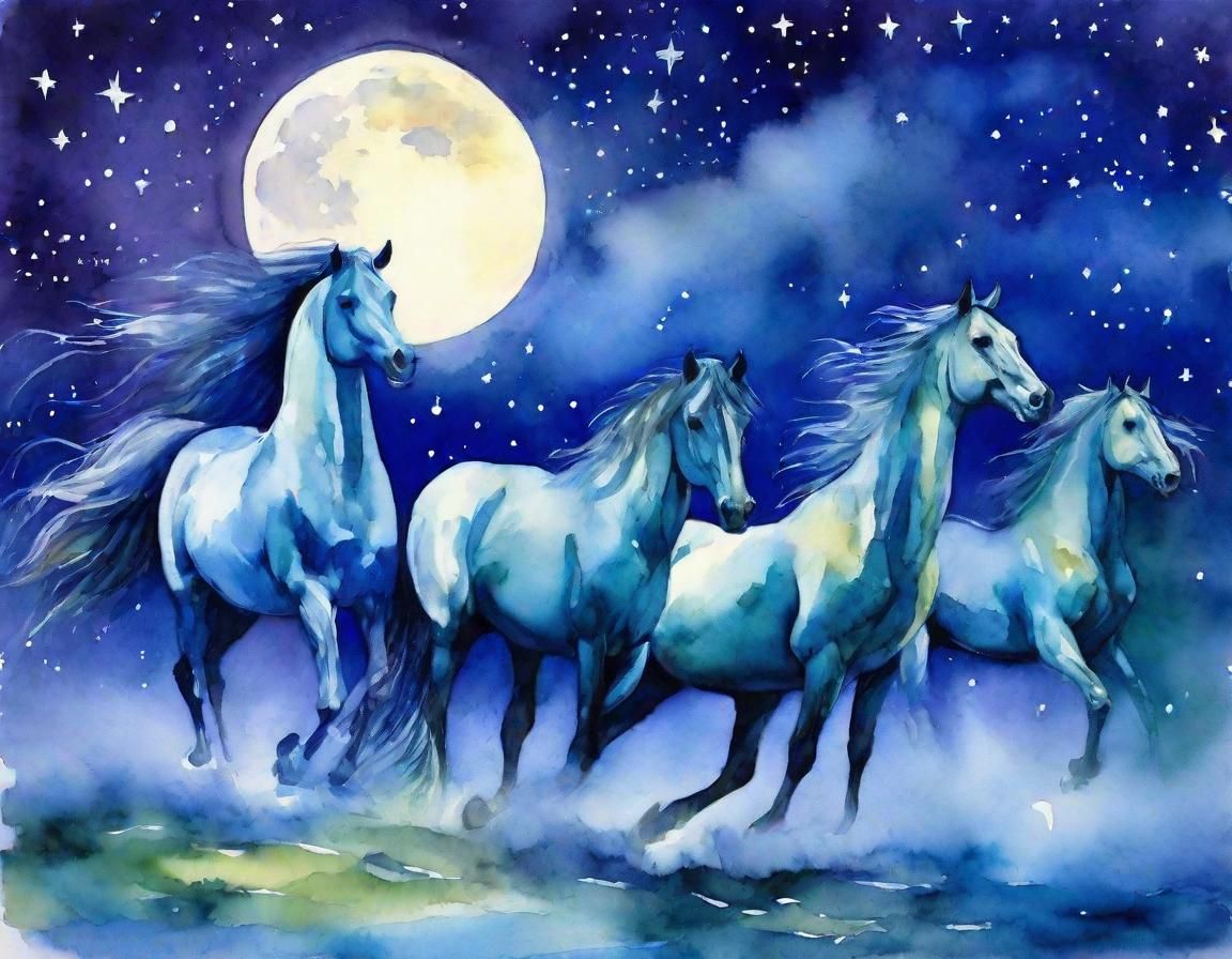 Arabian Stallions Galloping, Neo-Impressionistic Watercolor ...