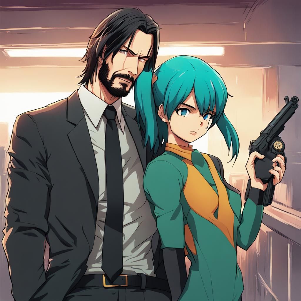 John Wick and Bulma in Anime Style