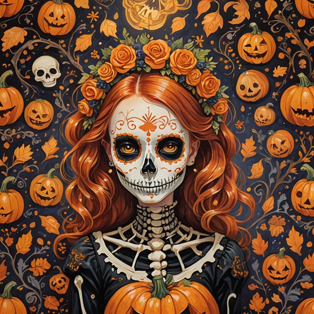 Redhead Girl in Skeleton Costume, Folk Art Gouache