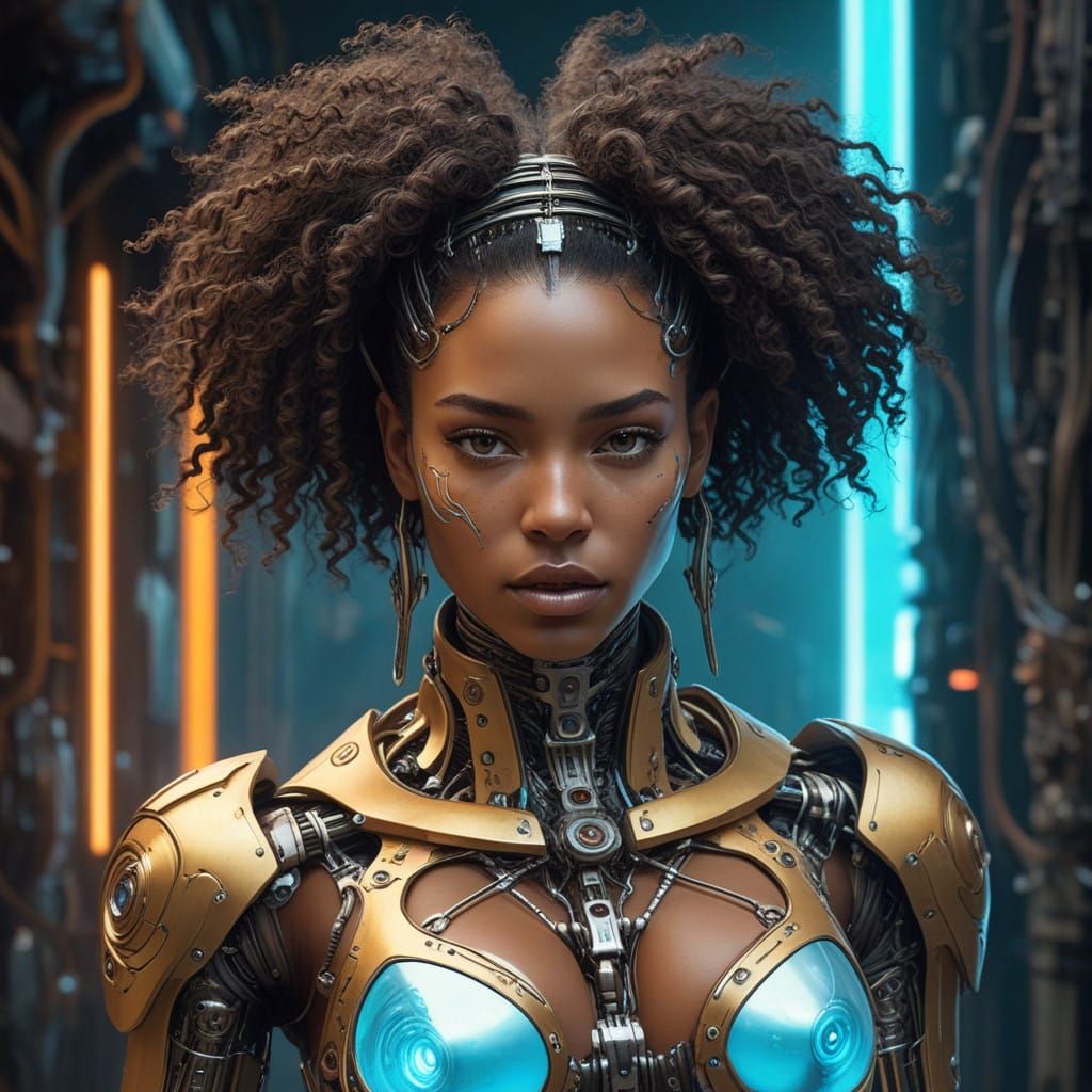 Afrofuturistic Goddess in Gritty Biopunk Landscape