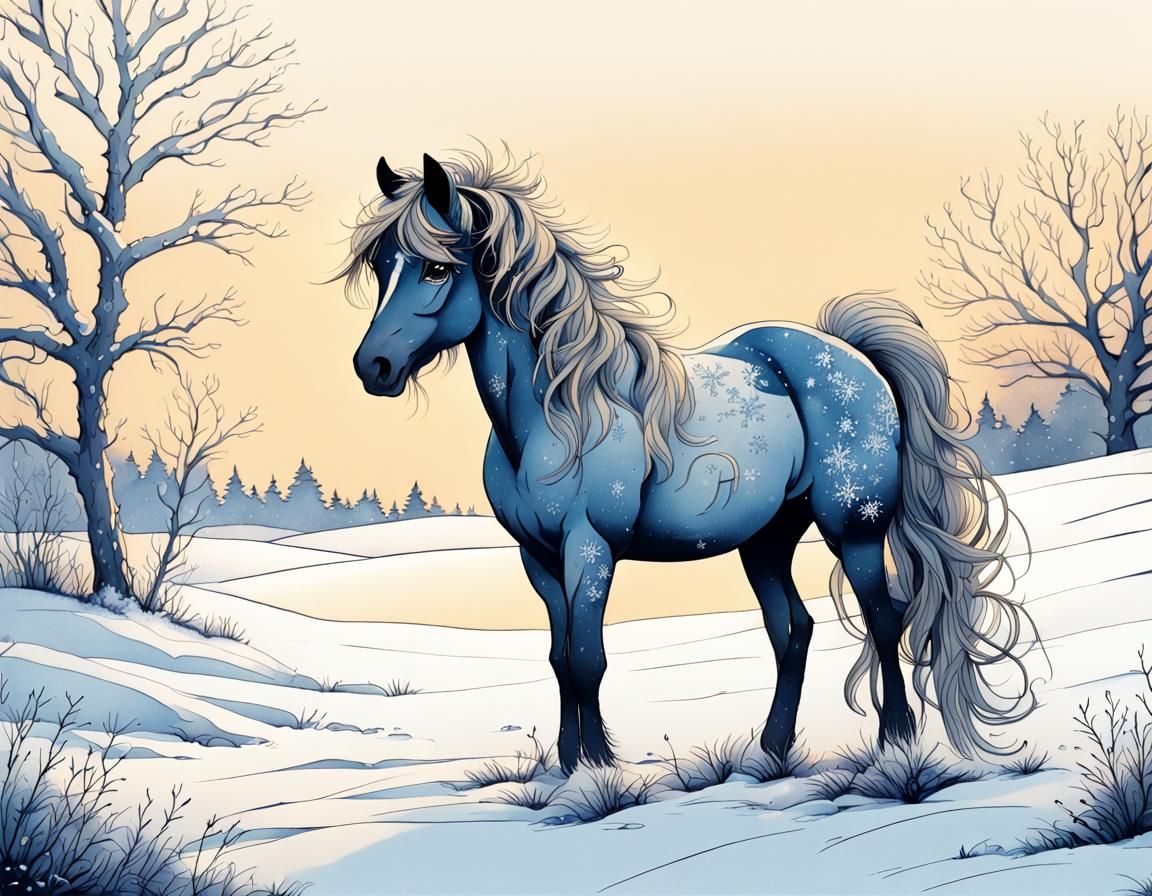 Elegant Pony in Snow: Ink Drawing in Twilight
