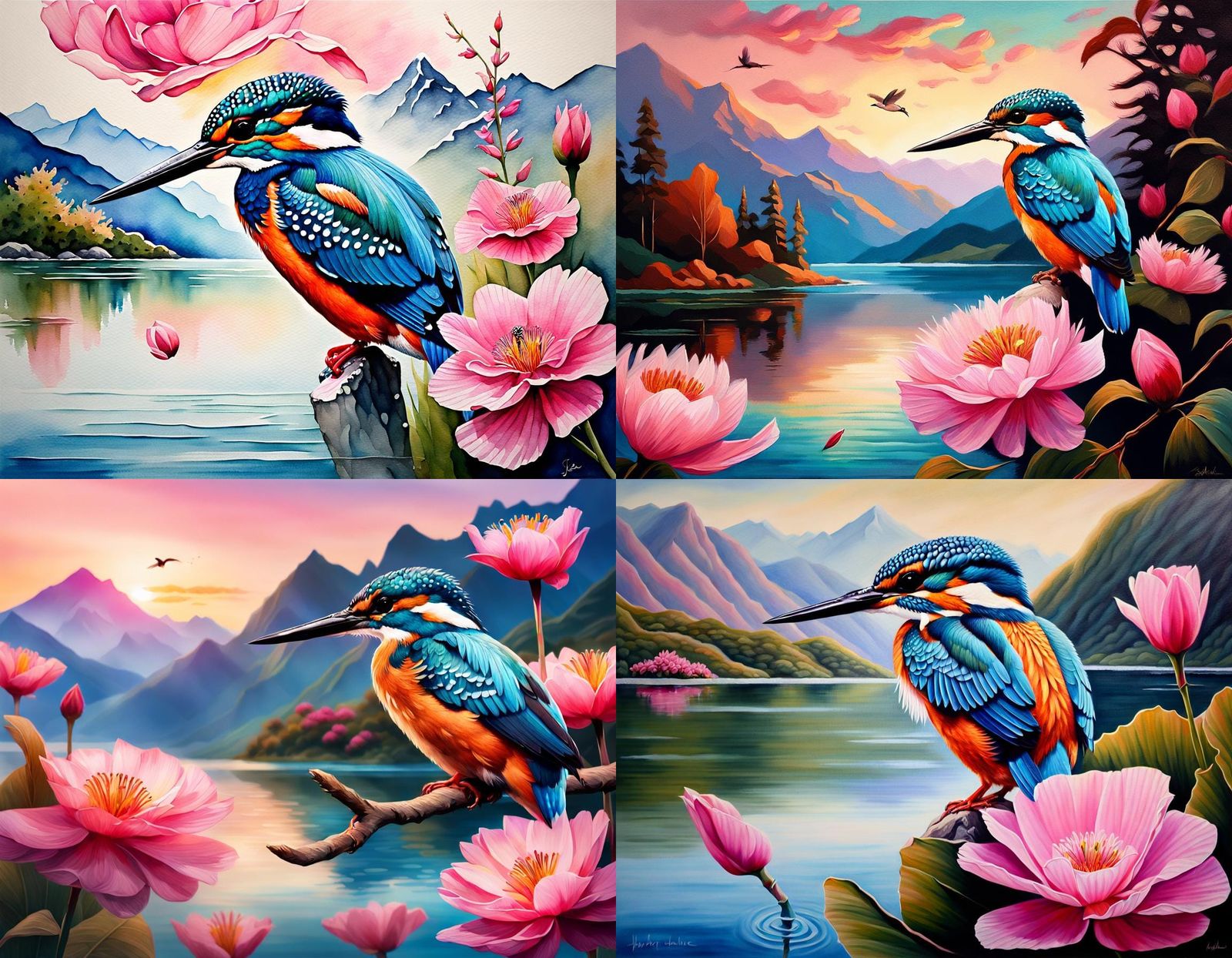 Kingfisher on Pink Flower: Hyperrealistic Splash Art