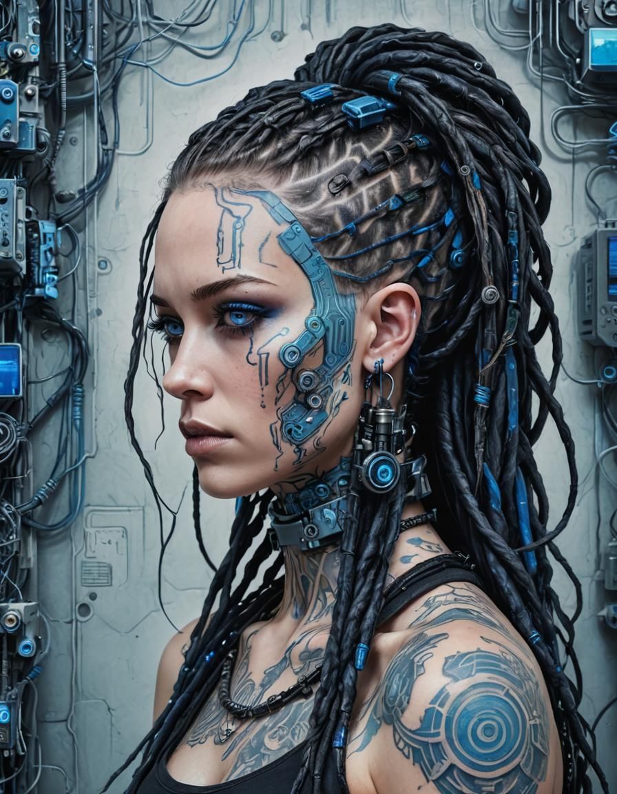 Cyberpunk Beauty with Blue Circuitry Tattoos