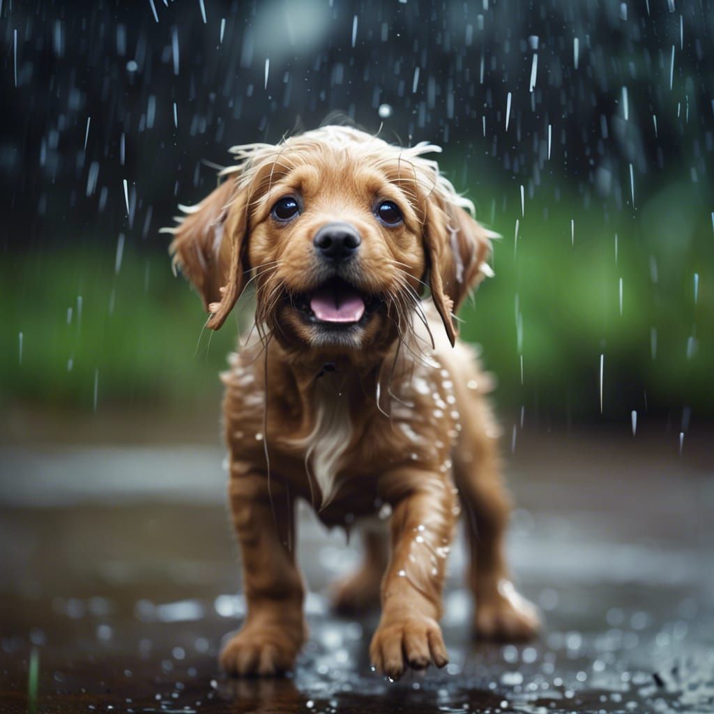 Happy Puppy Playing in Rain in 3D