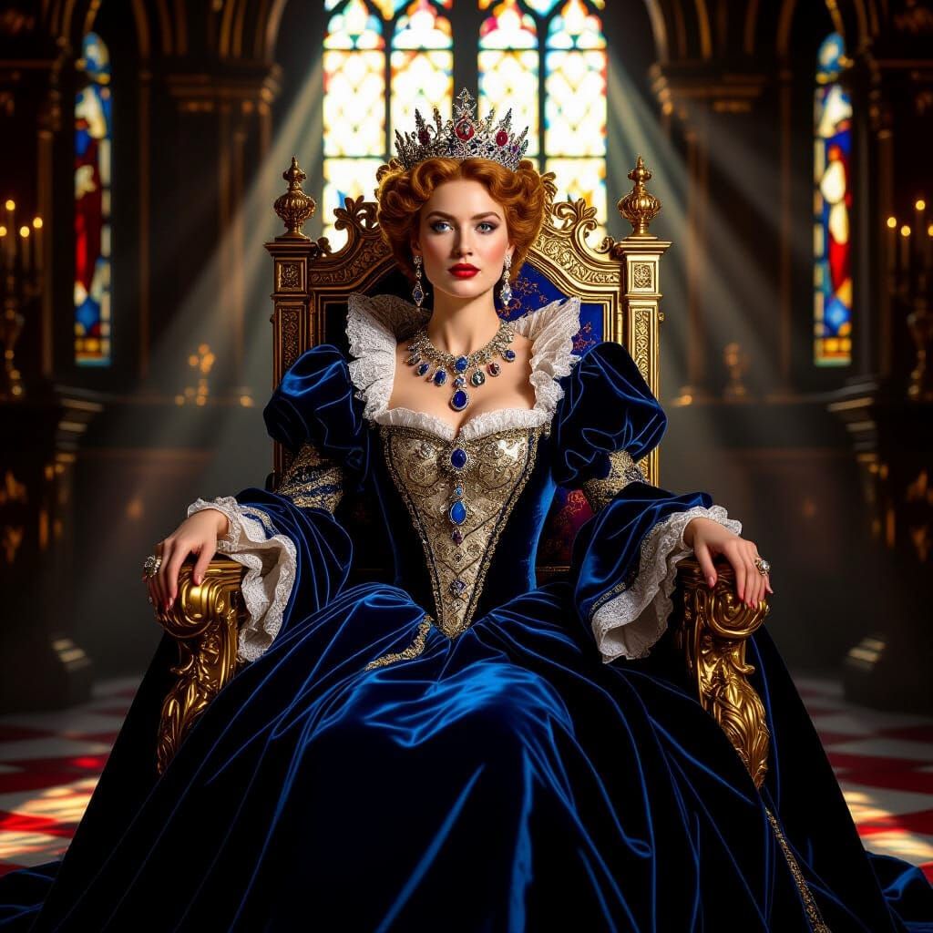 Regal Queen Seated on Golden Throne in Flemish Baroque Style