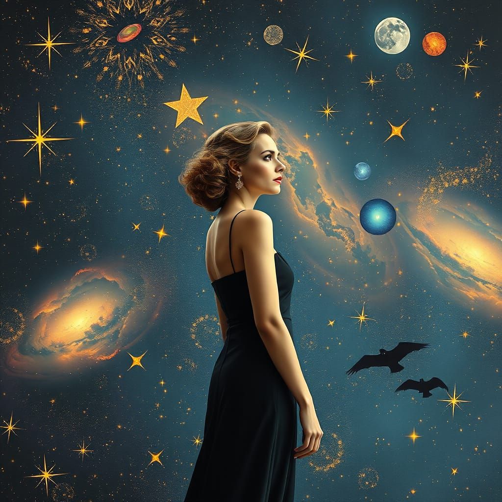 Surreal Woman in Starry Night Sky, Cubist Photomontage