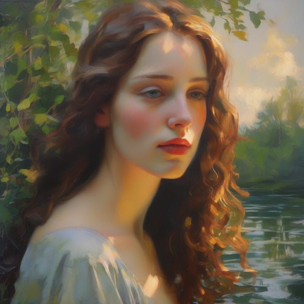 Pre-Raphaelite Maiden by Riverbank in Luminous Style