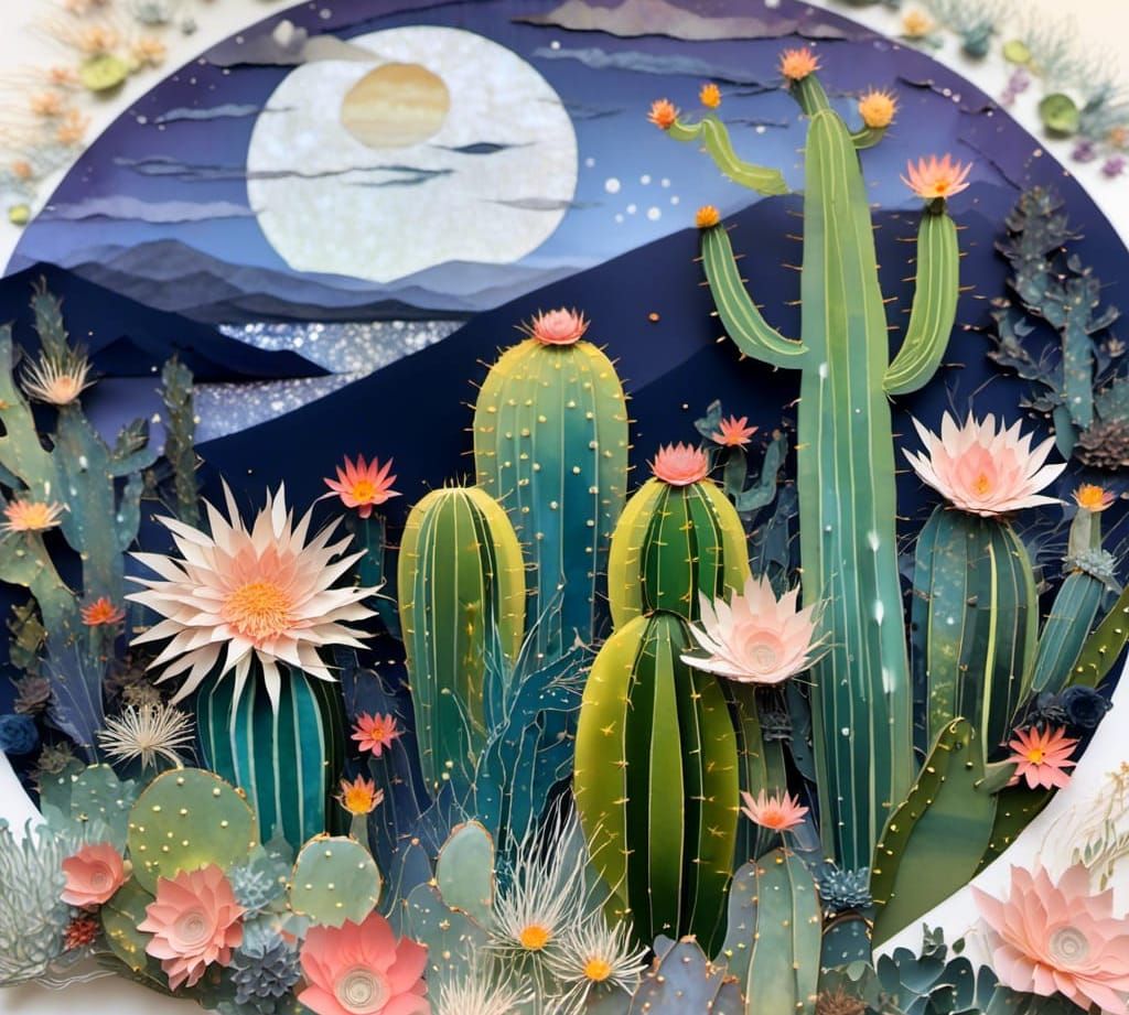 Moonlit 3D Paper Cactus in Double Exposure