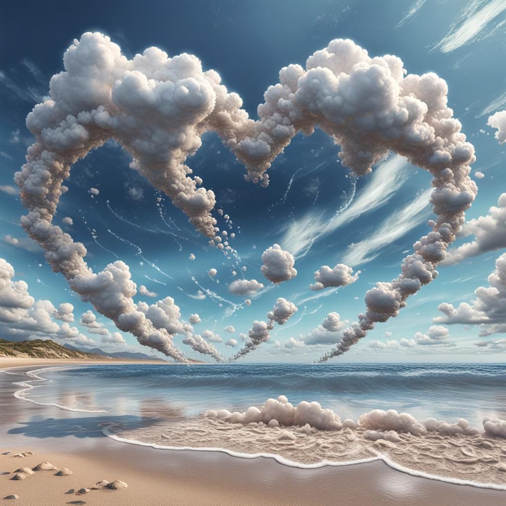 Heart-Shaped Clouds Over Beach, Hyperrealistic Composition