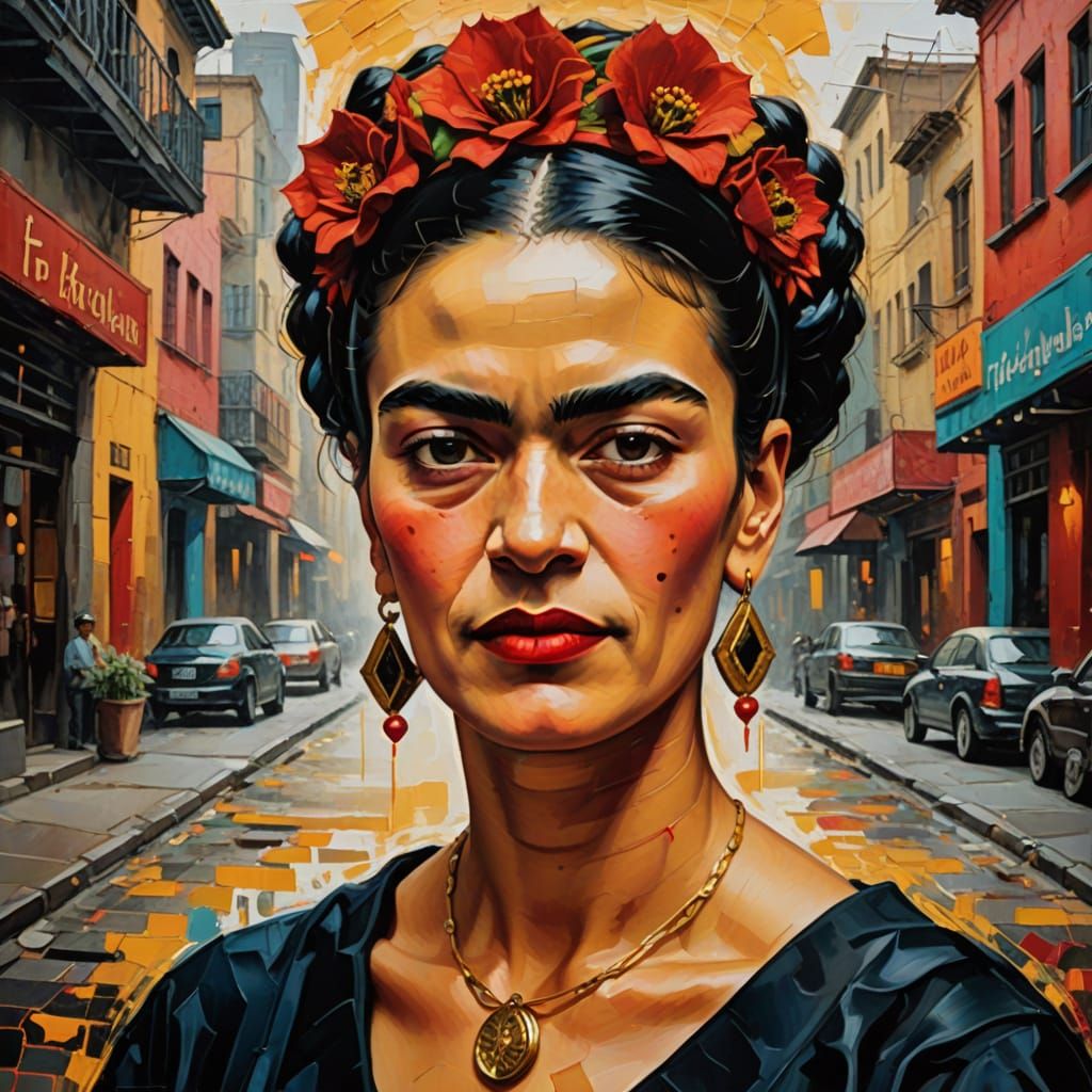 Vibrant Oil Painting of Woman in City Street