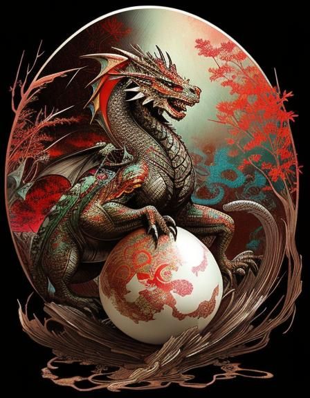 Dragon and Egg in Japanese Art Style