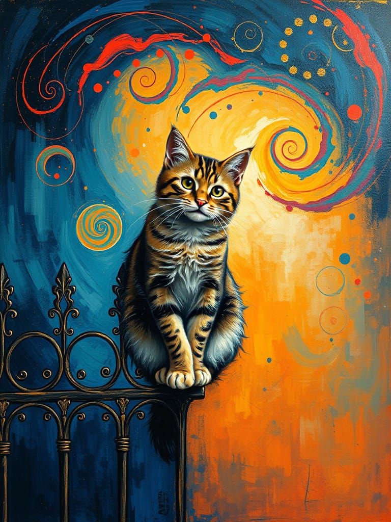 Surreal Feline on Ornate Fence, Inspired by Klimt's Golden E...