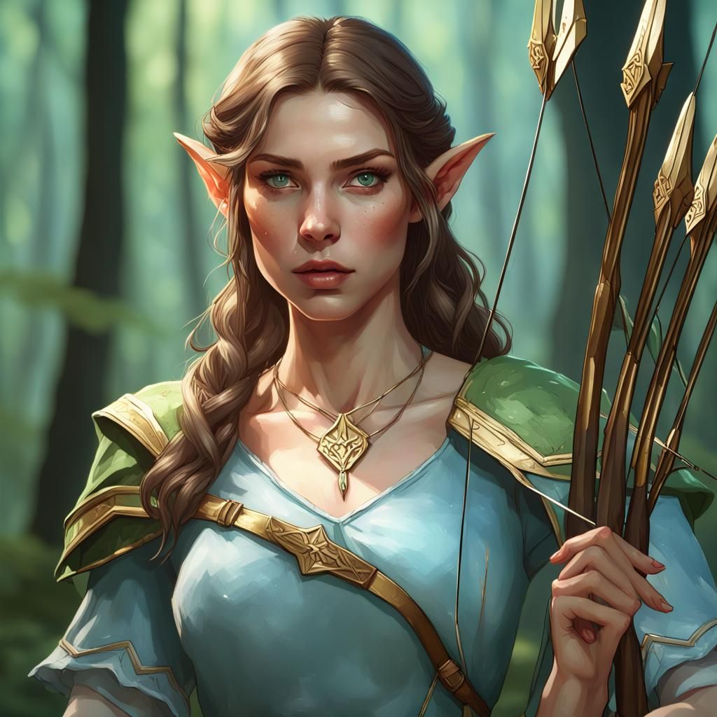 Elven Huntress Portrait in Forest, Hyperdetailed Art