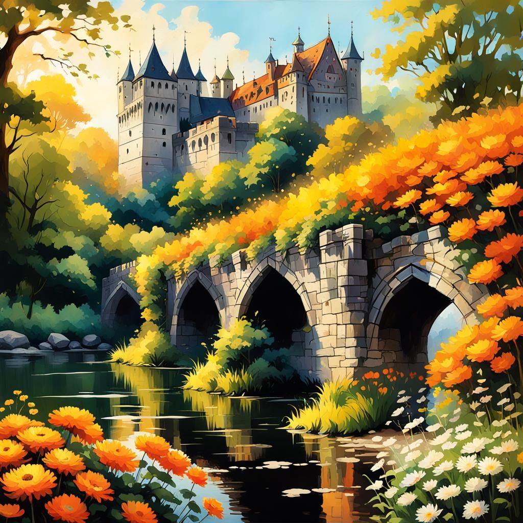 Gothic Keep and Chrysanthemums: Impasto Style