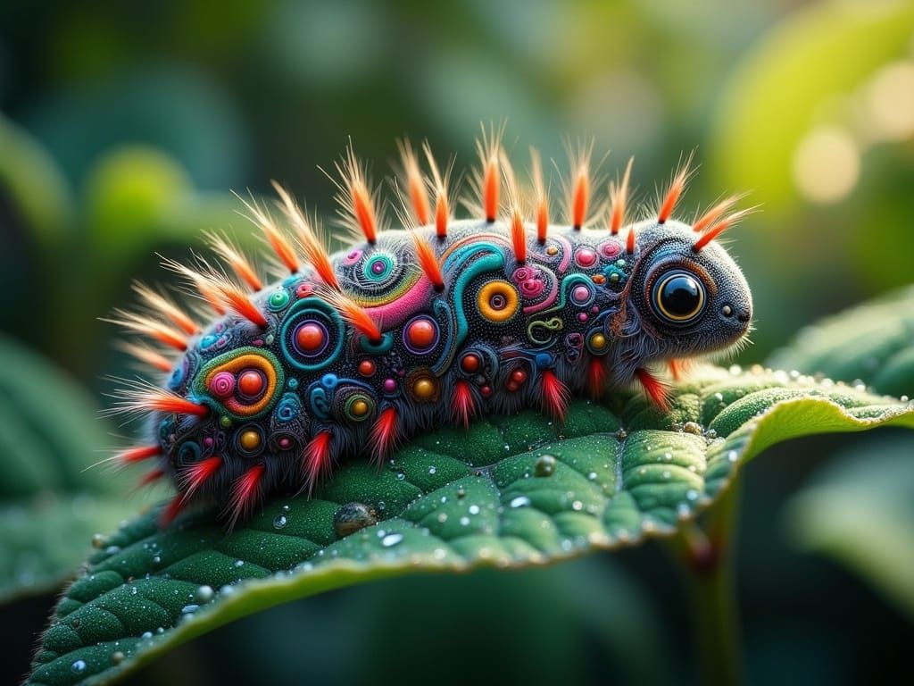 Vibrant Fuzzy Caterpillar Portrait in Op Art Style